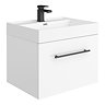 Valencia Bathroom Suite (Toilet, White Vanity with Black Handle, L-Shaped Bath + Screen) Profile La