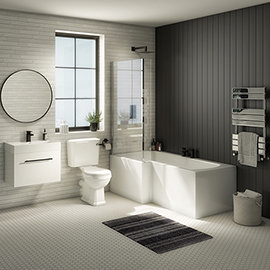 Valencia Bathroom Suite (Toilet, White Vanity with Black Handle, L-Shaped Bath + Screen) Medium Imag