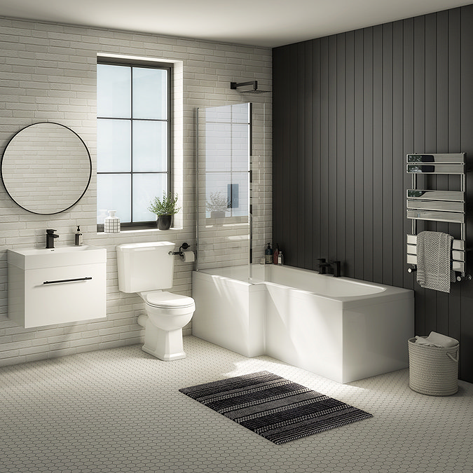 Valencia Bathroom Suite (Toilet, White Vanity with Black Handle, L-Shaped Bath + Screen) Large Image