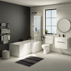 Valencia RH Bathroom Suite (Toilet, White Vanity with Black Handle, L-Shaped Bath + Screen) Large Im