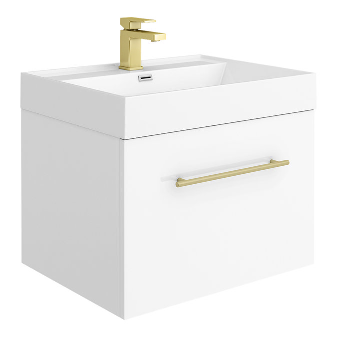 Valencia Bathroom Suite (Toilet, White Vanity with Brass Handle, L-Shaped Bath + Screen)  Profile La