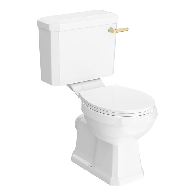 Valencia Bathroom Suite (Toilet, White Vanity with Brass Handle, L-Shaped Bath + Screen)  Standard L