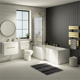 Valencia Bathroom Suite (Toilet, White Vanity with Brass Handle, L-Shaped Bath + Screen) Medium Imag