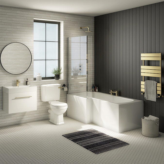 Valencia Bathroom Suite (Toilet, White Vanity with Brass Handle, L-Shaped Bath + Screen) Large Image