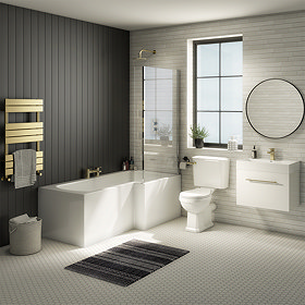 Valencia RH Bathroom Suite (Toilet, White Vanity with Brass Handle, L-Shaped Bath + Screen) Large Im