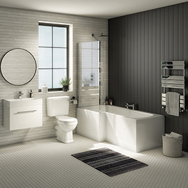Valencia Bathroom Suite (Toilet, White Vanity with Chrome Handle, L-Shaped Bath + Screen) Medium Ima