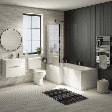 Valencia Bathroom Suite (Toilet, White Vanity with Chrome Handle, L-Shaped Bath + Screen)  Profile L