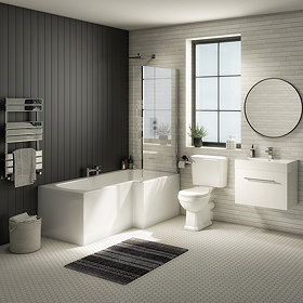 Valencia RH Bathroom Suite (Toilet, White Vanity with Chrome Handle, L-Shaped Bath + Screen) Large I