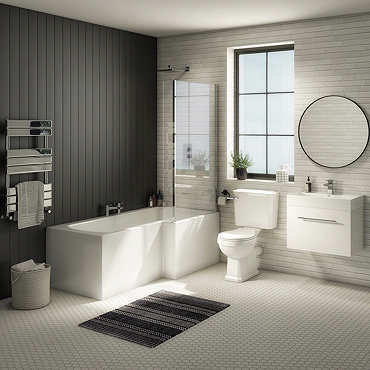 Valencia Bathroom Suite (Toilet, White Vanity with Chrome Handle, L-Shaped Bath + Screen)  Profile L