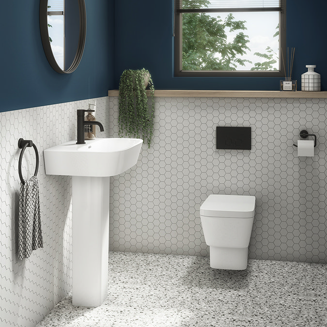 Valencia Wall Hung Toilet with Soft Close Seat (inc. Matt Black Flush + Concealed Cistern Frame)  In