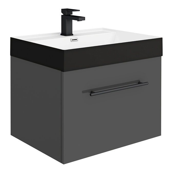 Valencia Wall Hung Vanity Unit - Gloss Grey - 600mm with Black Handle and Basin Large Image