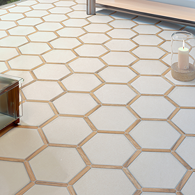 Varallo Hexagon Beige Stone & Oak Effect Tiles - 220 x 250mm