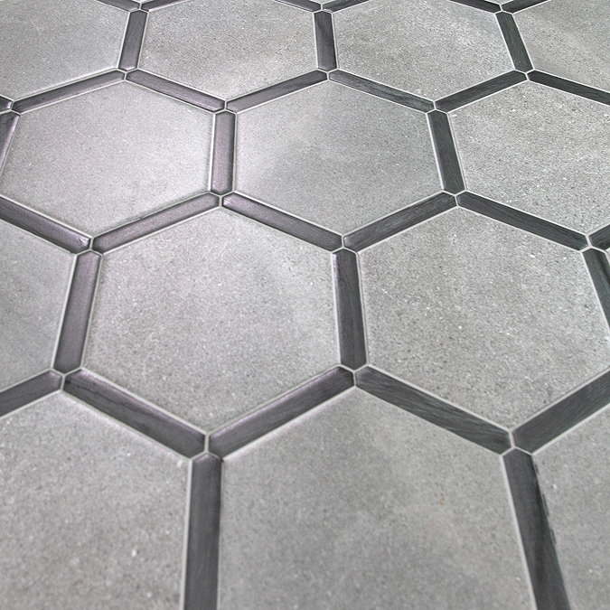 Varallo Hexagon Dark Grey Stone & Grey Oak Effect Tiles - 220 x 250mm