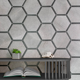 Varallo Hexagon Dark Grey Stone & Grey Oak Effect Tiles - 220 x 250mm