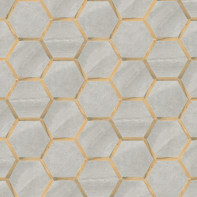 Varallo Hexagon Light Grey Stone & Oak Effect Tiles - 220 x 250mm