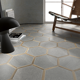 Varallo Hexagon Light Grey Stone & Oak Effect Tiles - 220 x 250mm