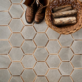 Varallo Hexagon Light Grey Stone & Oak Effect Tiles - 220 x 250mm