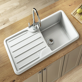 Venice 1.0 Bowl Traditional White Composite Kitchen Sink + Chrome Waste