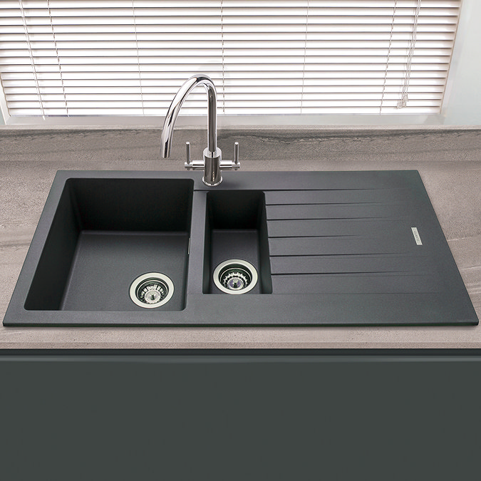Venice 1000 x 500mm Granite Gunmetal 1.5 Bowl Kitchen Sink with Drainer + Waste