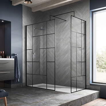Venice 1400 x 900 Matt Black Abstract Grid Wet Room (incl. Screen, Side Panel + Tray)  Profile Large