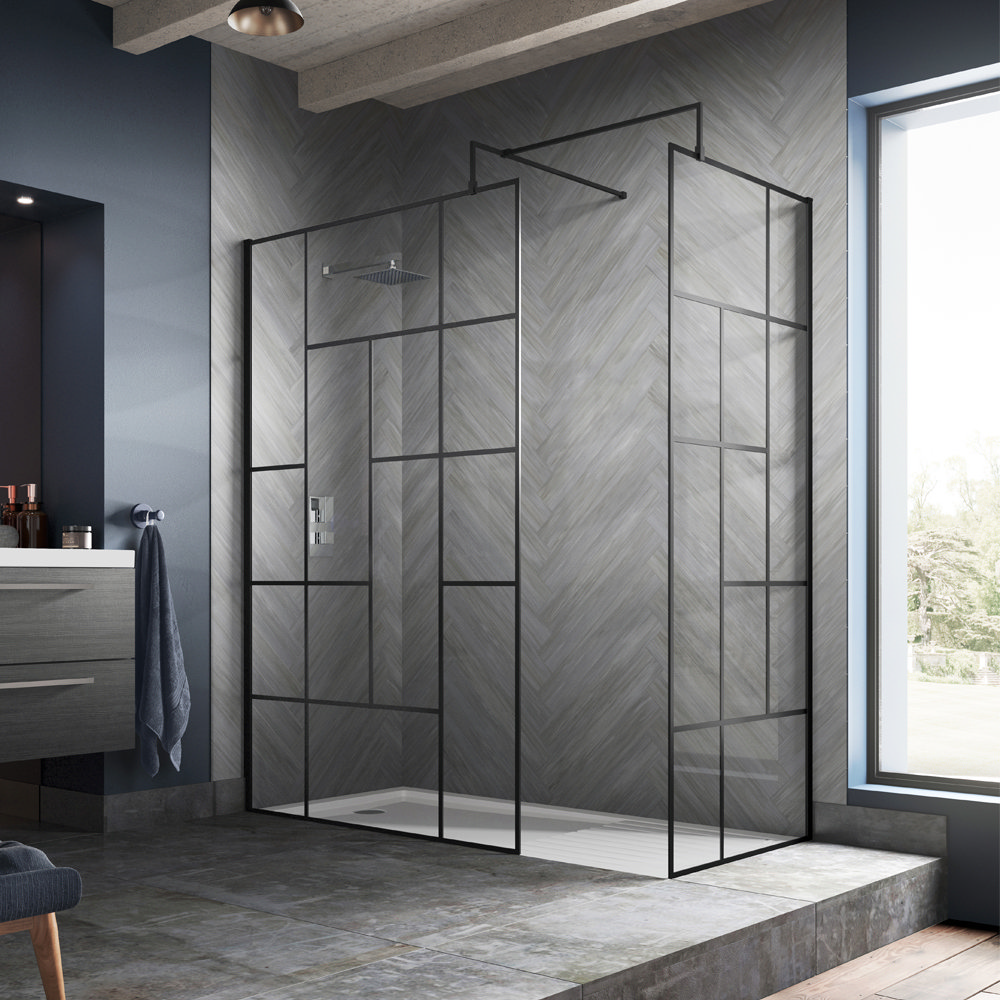 Venice 1950mm Matt Black Abstract Grid Wetroom Screen + Support Arm ...