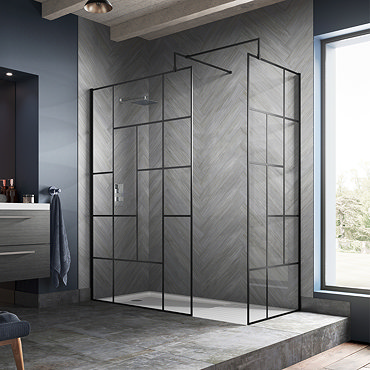 Venice 1950mm Matt Black Abstract Grid Wetroom Screen + Support Arm  Profile Large Image