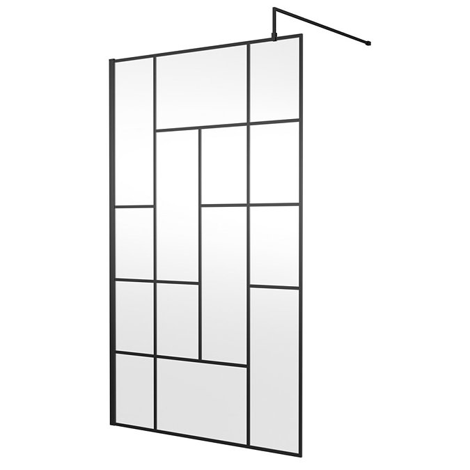 Venice W1200 x H1950 Matt Black Abstract Grid 8mm Wetroom Screen incl. Support Arm Large Image