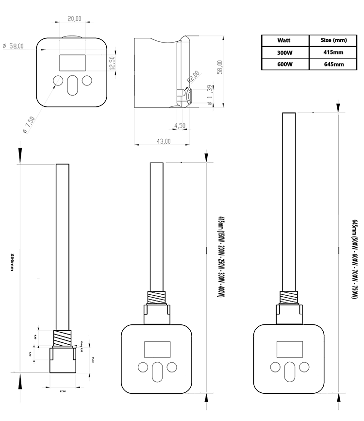 Venice 300W Square Digital Thermostatic Heating Element Anthracite