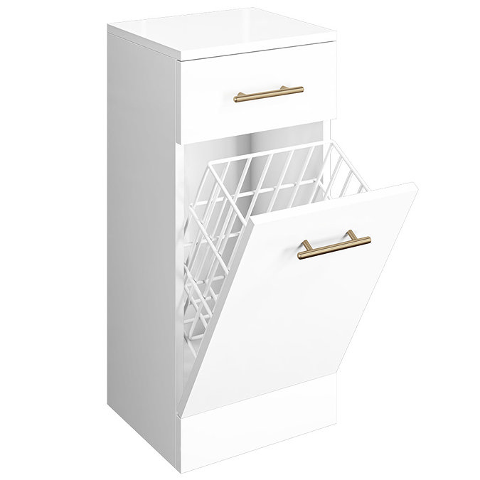 Venice 350x300mm Gloss White Laundry Basket with Brushed Brass Handles Large Image