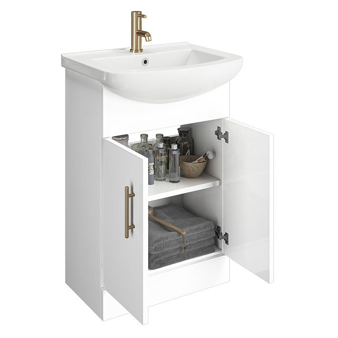 Venice 560 Gloss White Vanity with Brushed Brass Handles (Unit Depth 300mm)  Feature Large Image