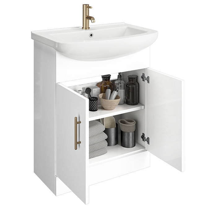 Venice 665 Gloss White Vanity with Brushed Brass Handles (Unit Depth 300mm)  Feature Large Image