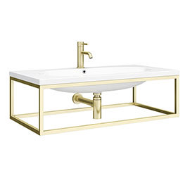 Venice 900 Wall Hung Basin with Brushed Brass Towel Rail Frame inc. Tap + Bottle Trap Medium Image