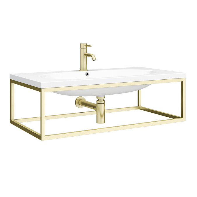 Venice 900 Wall Hung Basin with Brushed Brass Towel Rail Frame inc. Tap + Bottle Trap Large Image