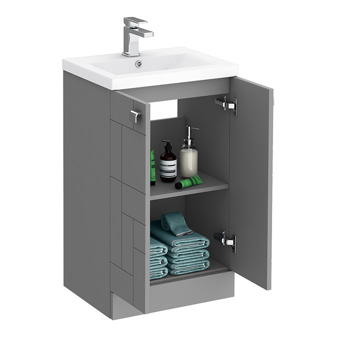 Venice Abstract 500mm Grey Vanity Unit - Floor Standing 2 Door Unit with Chrome Square Drop Handles  In Bathroom Large Image