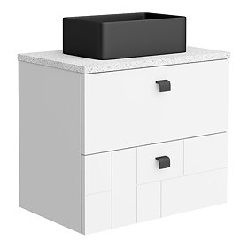 Venice Abstract 600 White Vanity - Wall Hung 2-Drawer Unit w. White Worktop, Rectangular Matt Black 