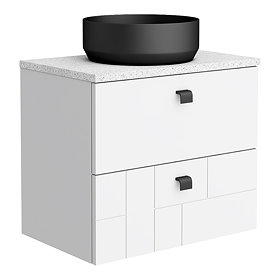 Venice Abstract 600 White Vanity - Wall Hung 2-Drawer Unit w. White Worktop, Round Matt Black Basin 