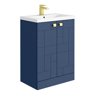 Venice Abstract 600mm Blue 2-Door Floor Standing Vanity Unit with Brushed Brass Square Drop Handles 
