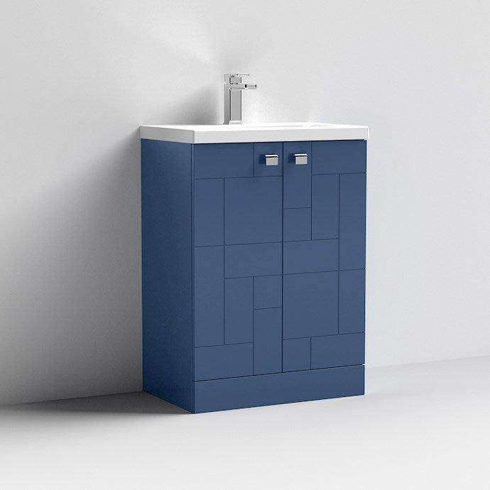 Venice Abstract 600mm Blue Vanity Unit - Floor Standing 2 Door Unit with Chrome Square Drop Handles 