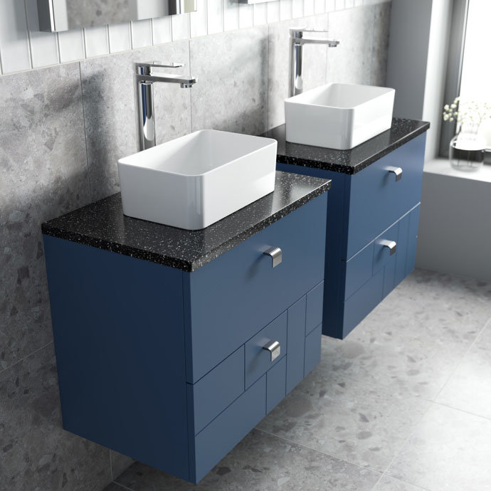 Venice Abstract 600mm Blue Vanity Unit - Wall Hung 2 Drawer Unit with Black Worktop & Chrome Handles