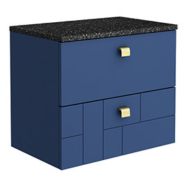 Venice Abstract 600mm Blue Vanity Unit - Wall Hung 2 Drawer Unit with Black Worktop & Brushed Brass 