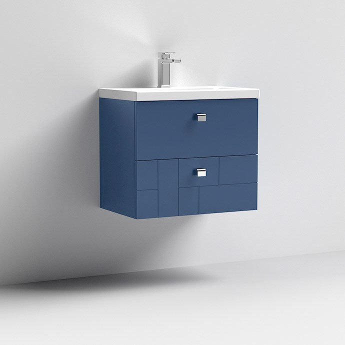 Venice Abstract 600mm Blue Vanity Unit - Wall Hung 2 Drawer Unit with Chrome Square Drop Handles  St