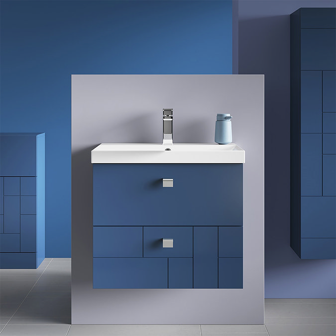 Venice Abstract 600mm Blue Vanity Unit - Wall Hung 2 Drawer Unit with Chrome Square Drop Handles  ad