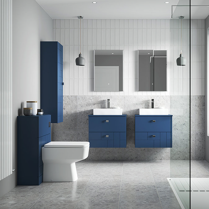 Venice Abstract 600mm Blue Vanity Unit - Wall Hung 2 Drawer Unit with Chrome Square Drop Handles  In