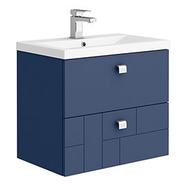 Venice Abstract 600mm Blue Vanity Unit - Wall Hung 2 Drawer Unit with Chrome Square Drop Handles Med