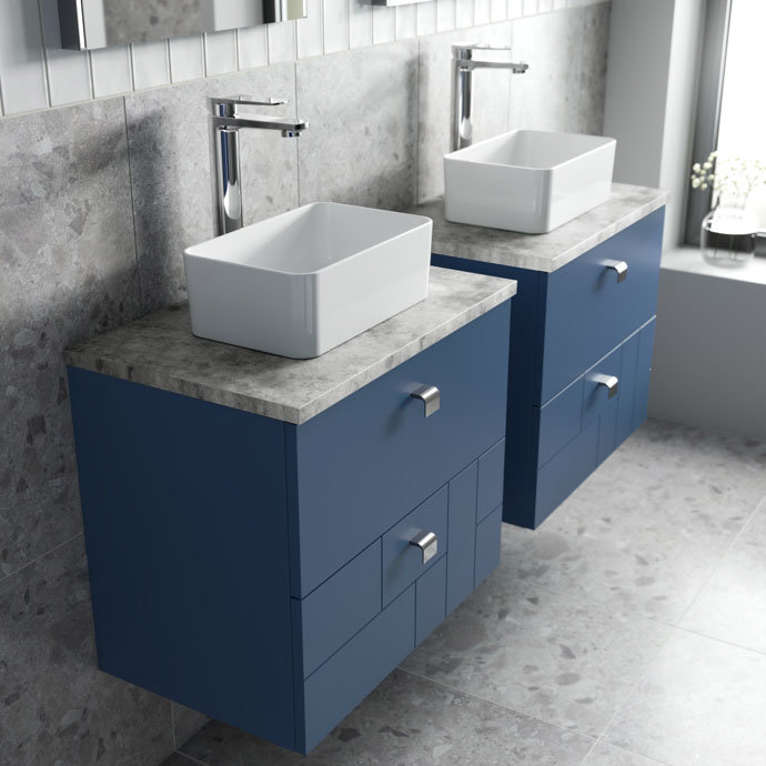 Venice Abstract 600mm Blue Vanity Unit - Wall Hung 2 Drawer Unit with Grey Worktop & Chrome Handles 