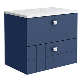 Venice Abstract 600mm Blue Vanity Unit - Wall Hung 2 Drawer Unit with White Worktop & Chrome Handles