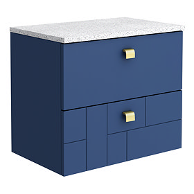 Venice Abstract 600mm Blue Vanity Unit - Wall Hung 2 Drawer Unit with White Worktop & Brushed Brass 