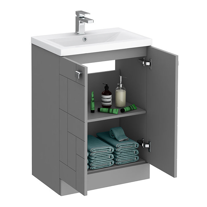 Venice Abstract 600mm Grey Vanity Unit - Floor Standing 2 Door Unit with Chrome Square Drop Handles  In Bathroom Large Image