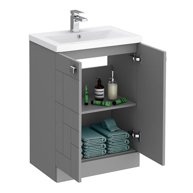 Venice Abstract 600mm Grey Vanity Unit - Floor Standing 2 Door Unit with Chrome Square Drop Handles In Bathroom Large Image