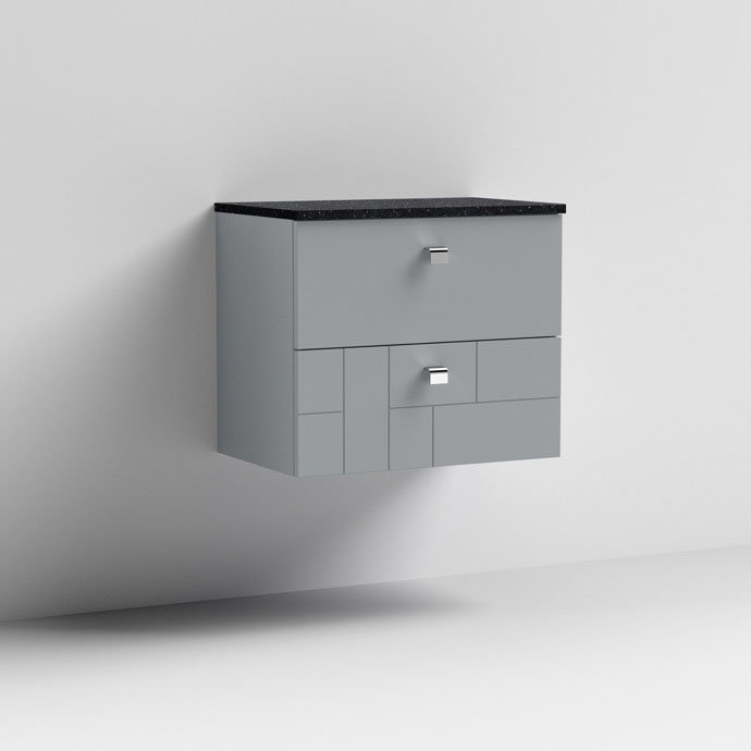 Venice Abstract 600mm Grey Vanity Unit - Wall Hung 2 Drawer Unit with Black Worktop & Chrome Handles